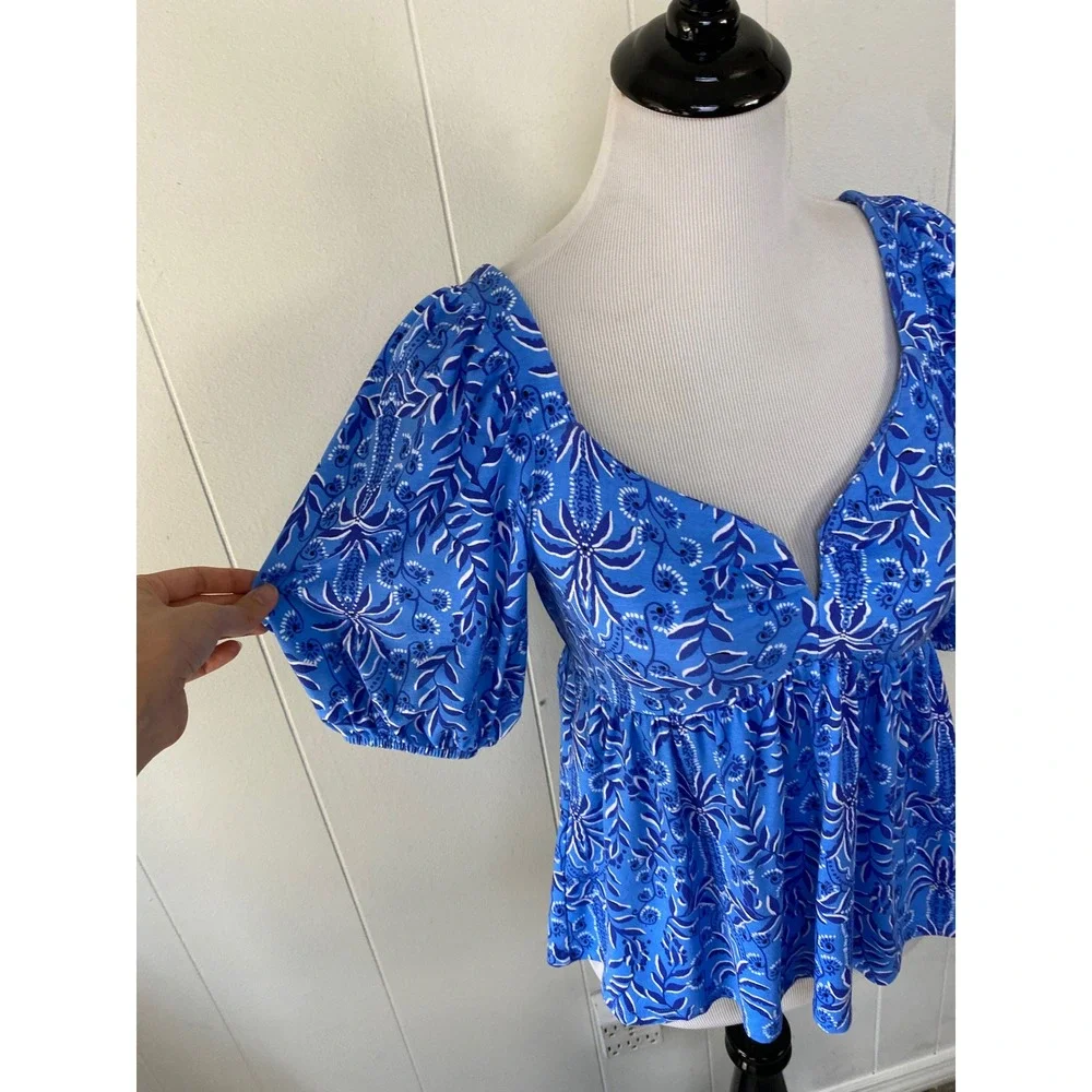 Lilly Pulitzer Abaco Blue Have It Both Rays Floriana Pullover Top Size S # 13448